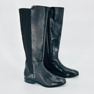 Cole Haan Black Riding Boots Gold Trim Woven Stretch Detail